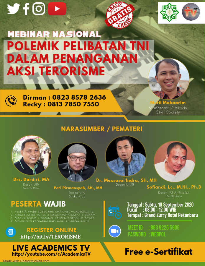 Academics TV & CID UIN SUSKA Riau Gelar Webinar Polemik PelibatanTNI Dalam Penanganan Aksi Terorisme